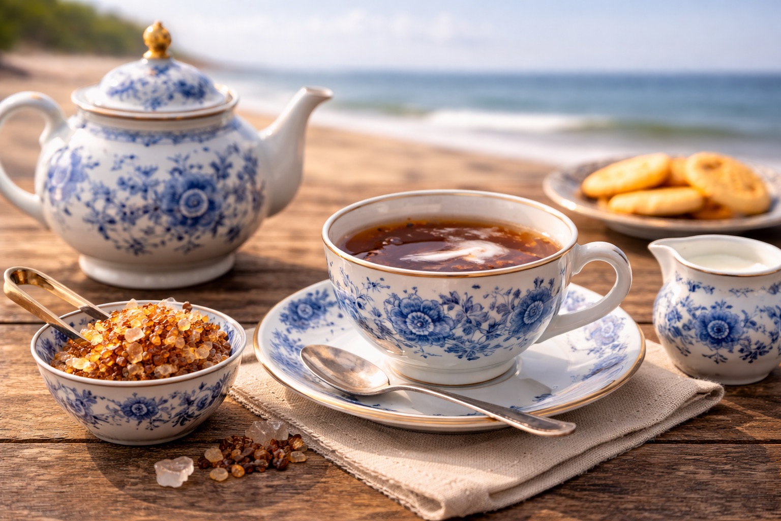 Tee und Ostfriesentee entdecken Tee und Ostfriesentee mit Teekanne und Tasse vor maritimem Hintergrund